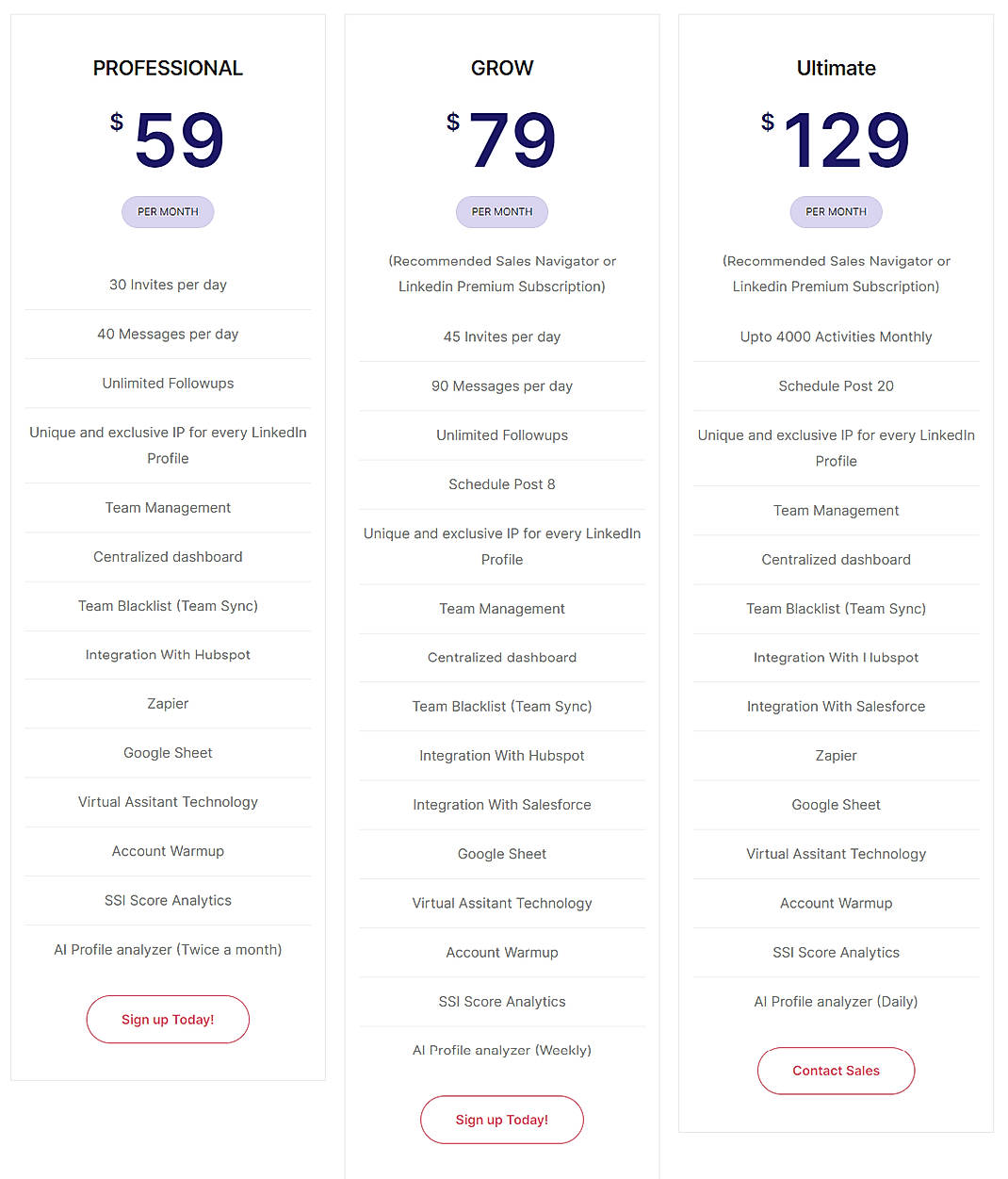 Pricing screenshot