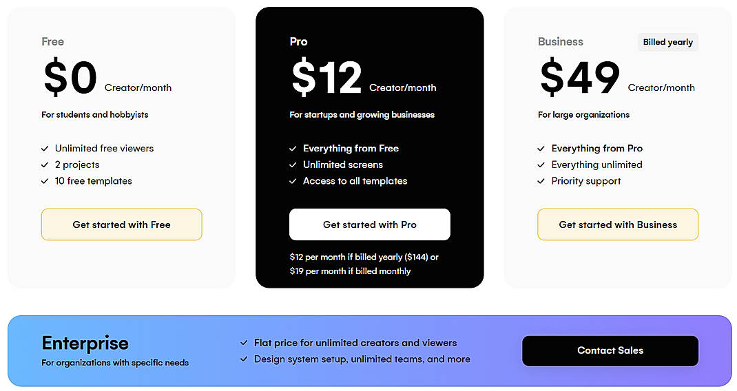 Pricing screenshot