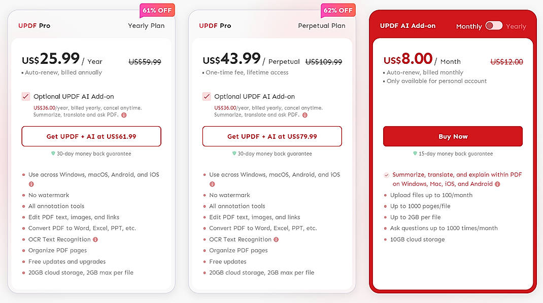 Pricing screenshot