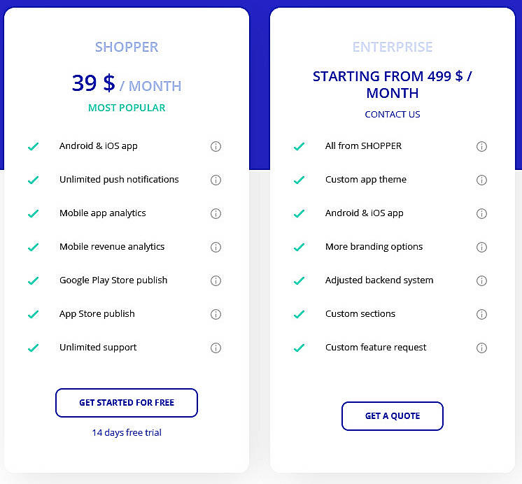 Pricing screenshot