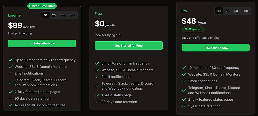 Pricing screenshot