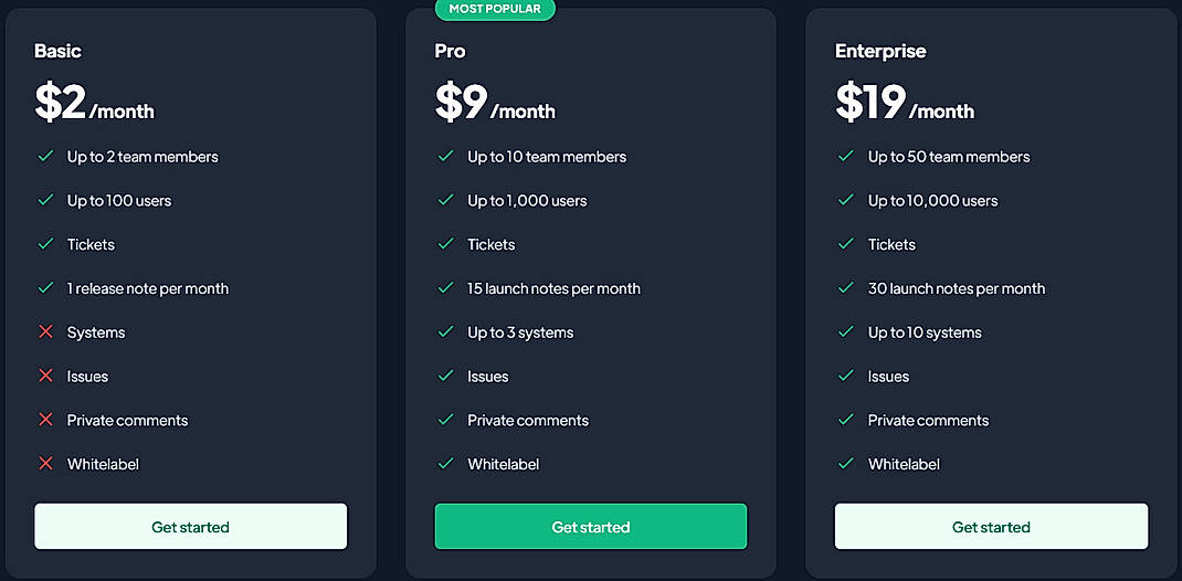 Pricing screenshot