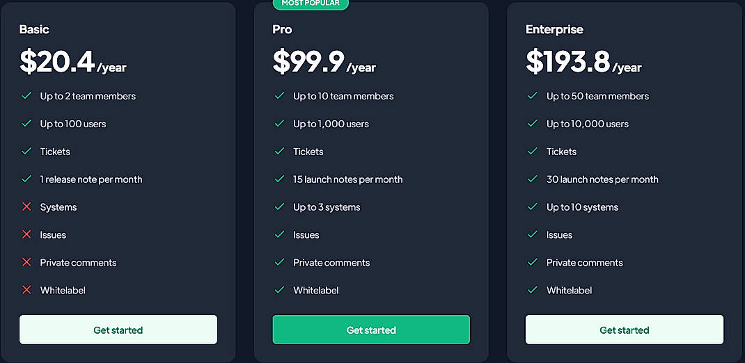 Pricing screenshot