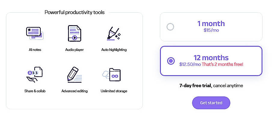 Pricing screenshot