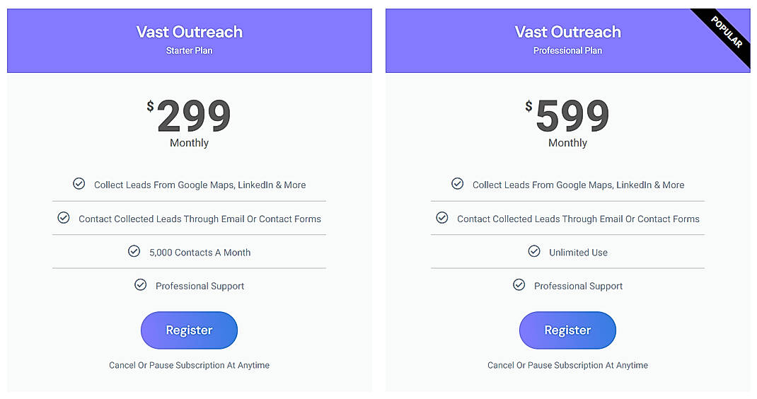 Pricing screenshot