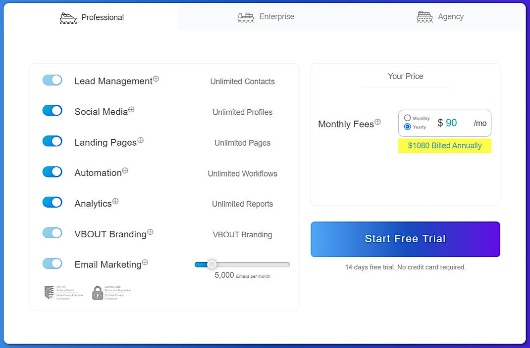 Pricing screenshot