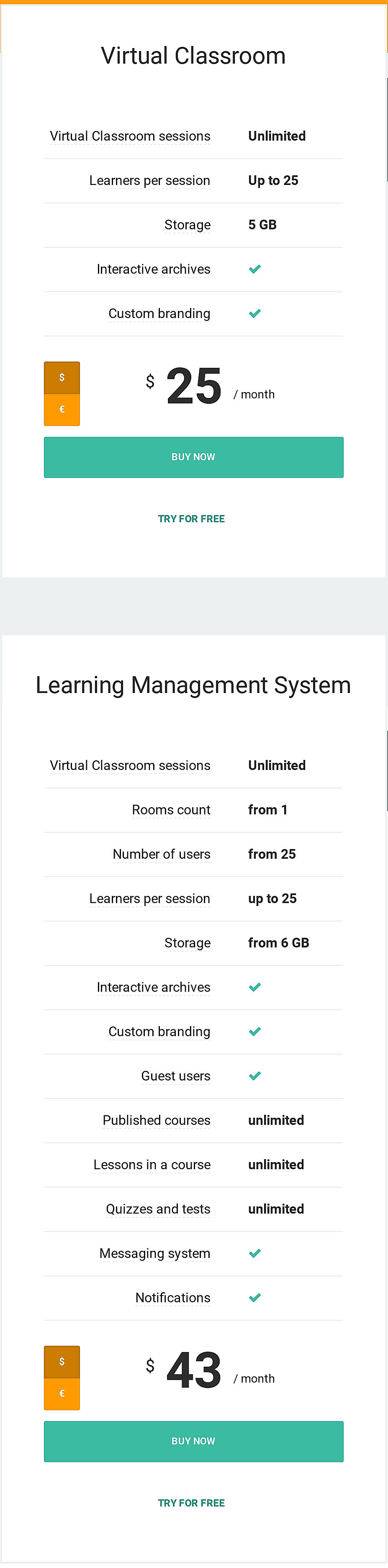 Pricing screenshot