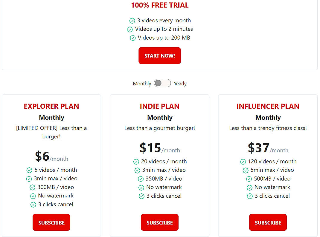 Pricing screenshot