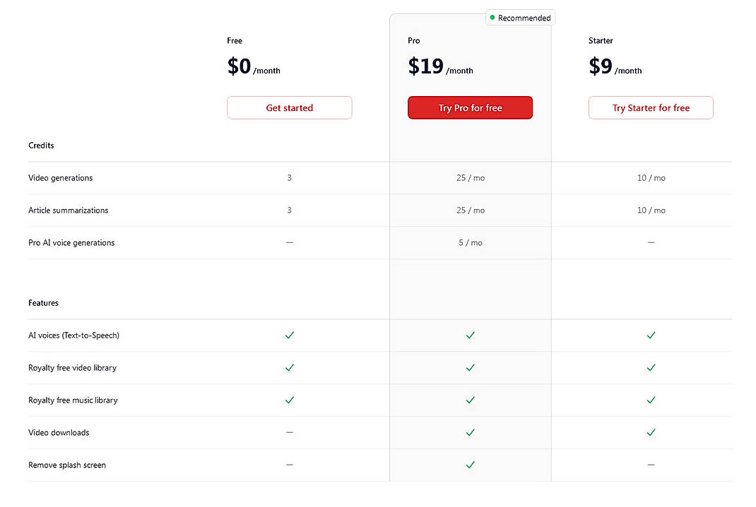 Pricing screenshot