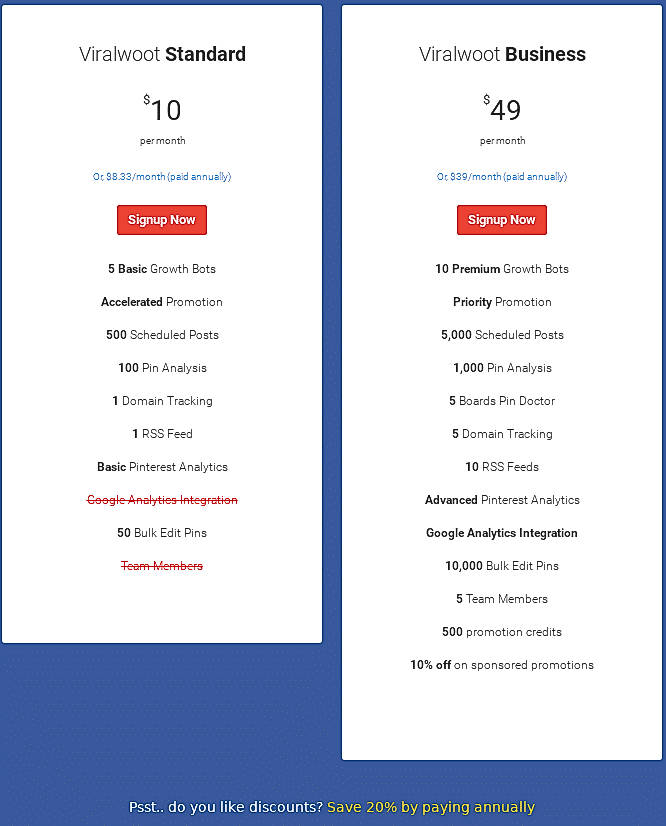 Pricing screenshot