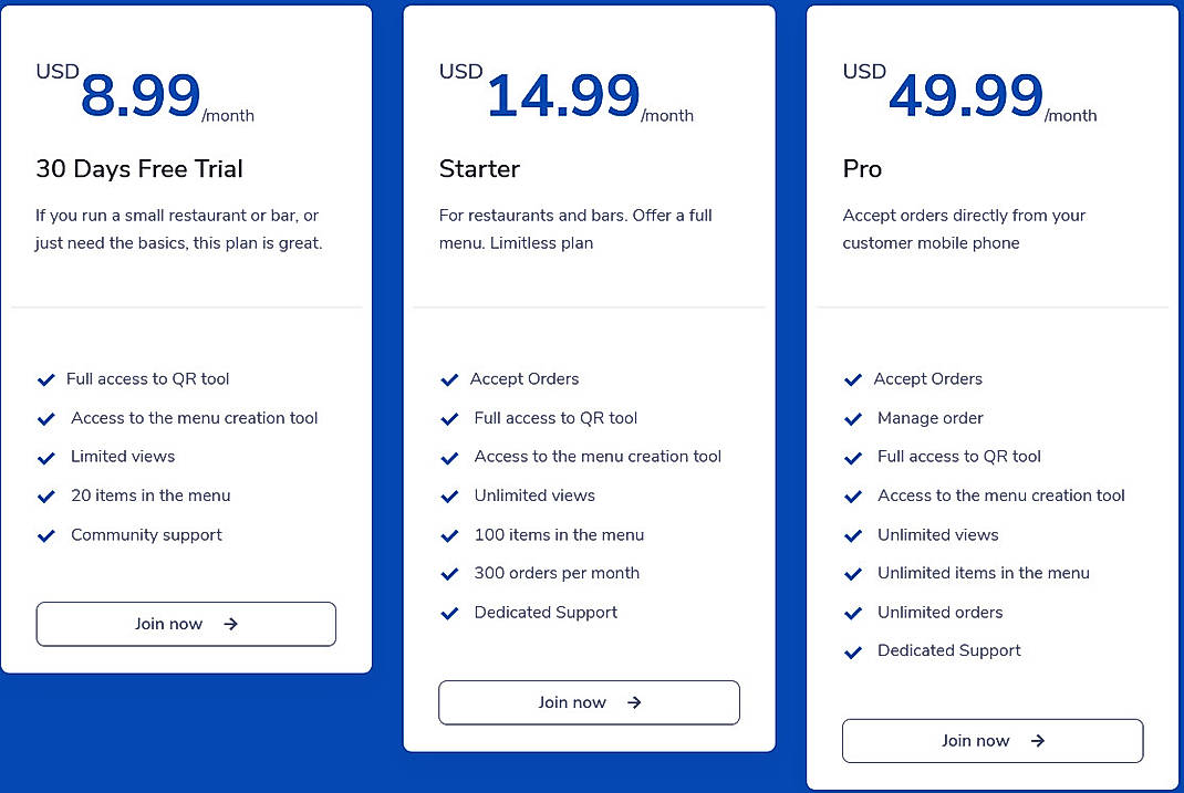 Pricing screenshot