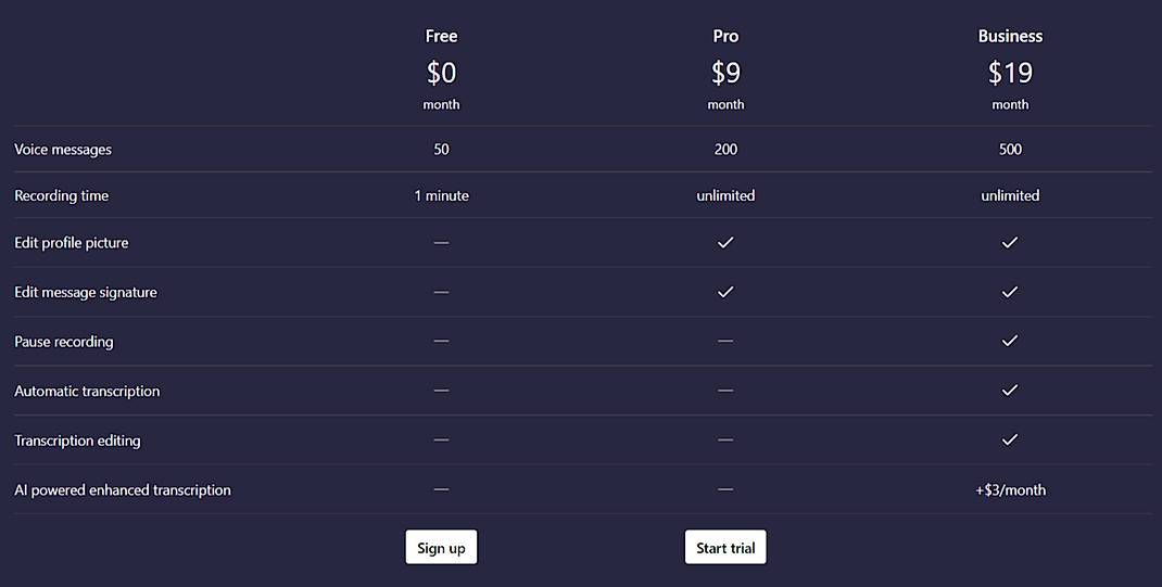 Pricing screenshot