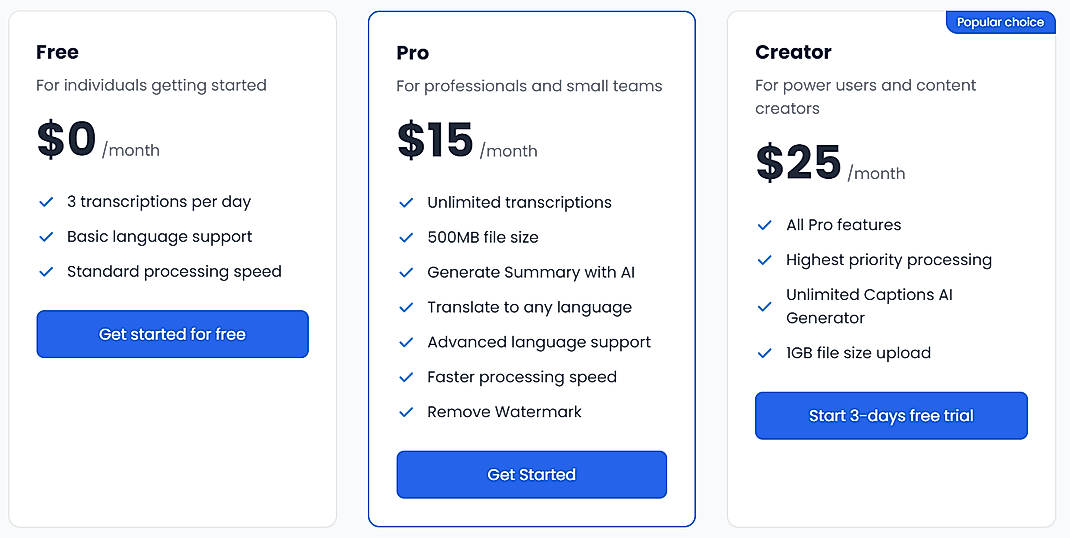 Pricing screenshot