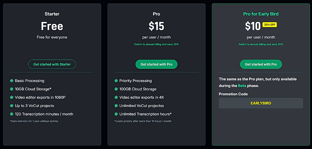 Pricing screenshot