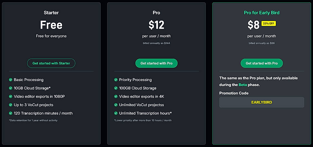 Pricing screenshot