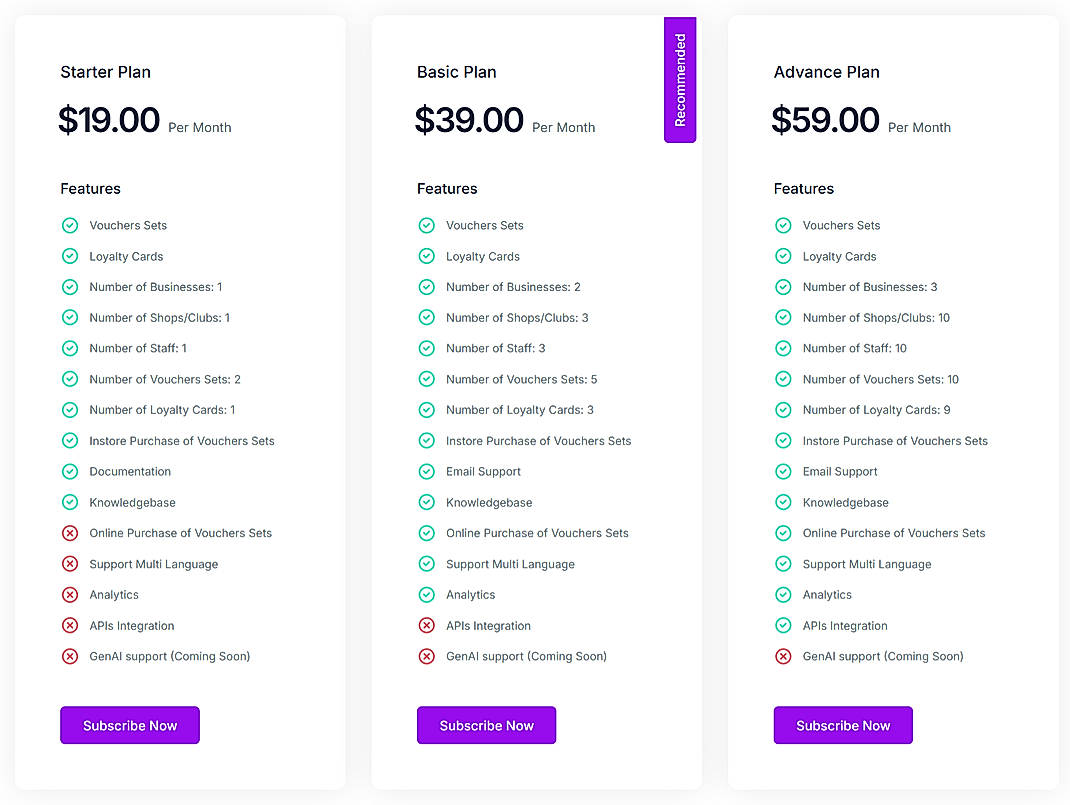 Pricing screenshot