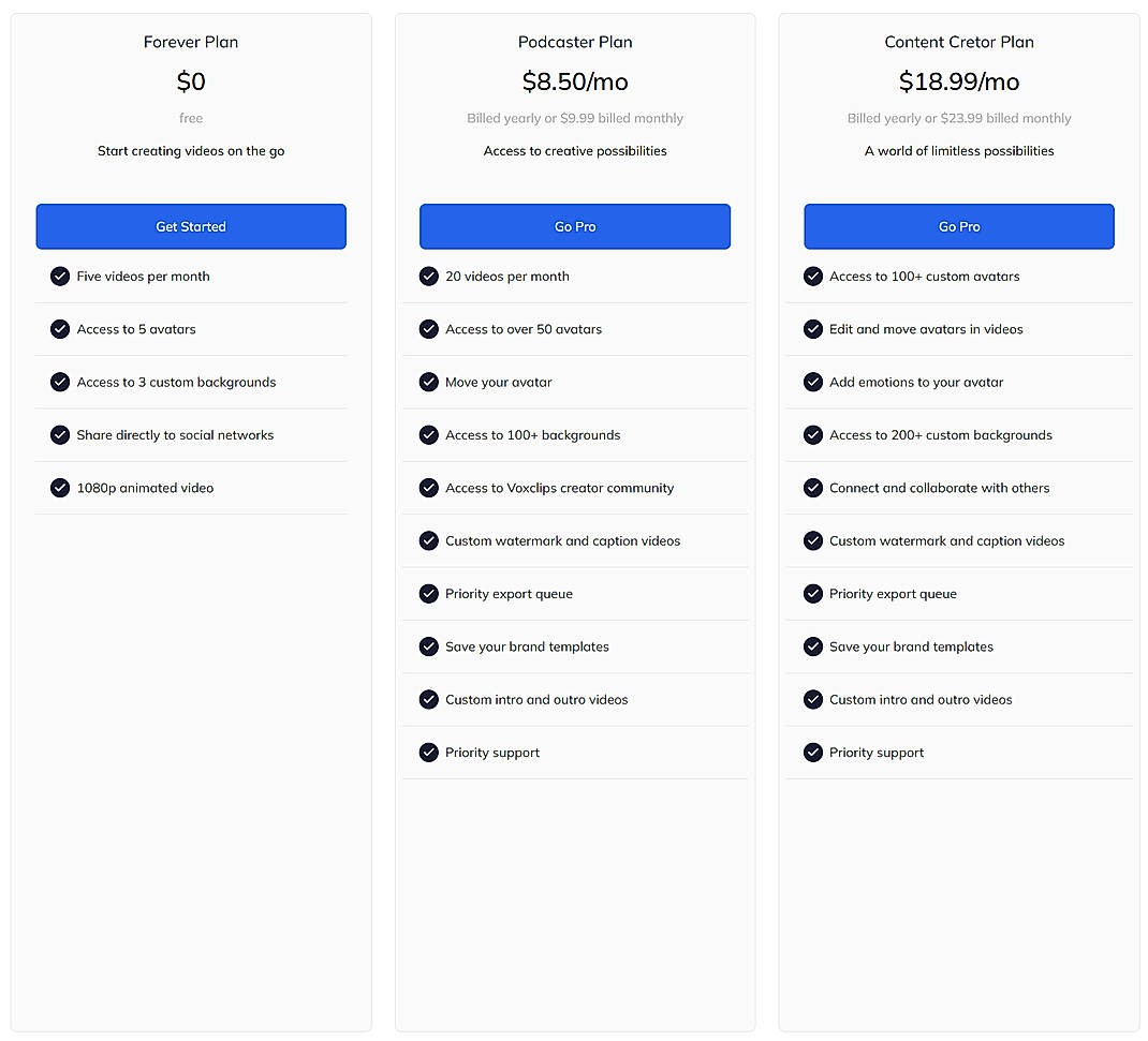 Pricing screenshot