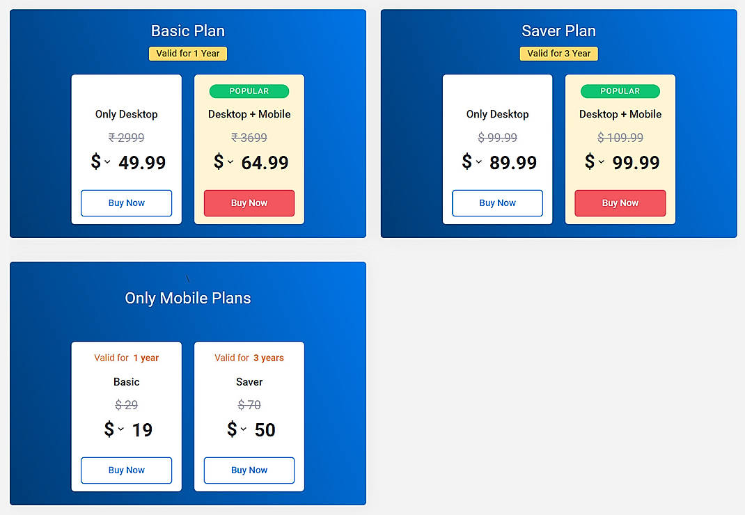 Pricing screenshot