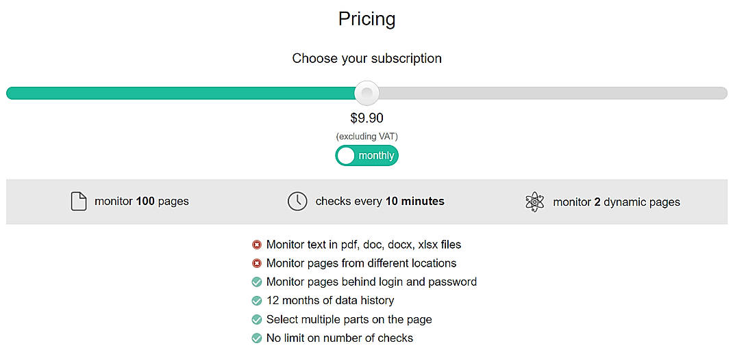 Pricing screenshot