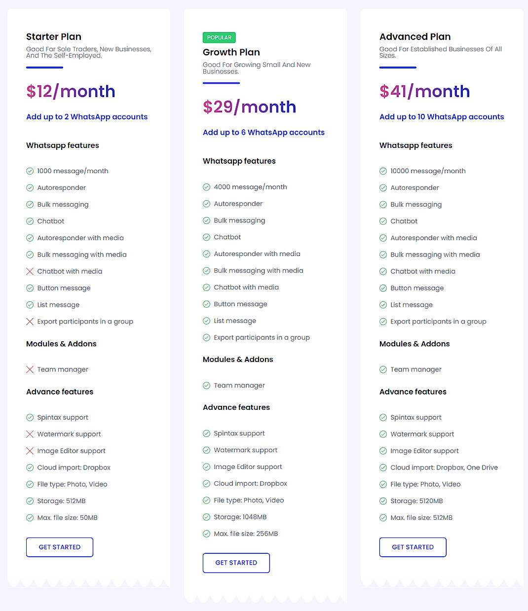 Pricing screenshot