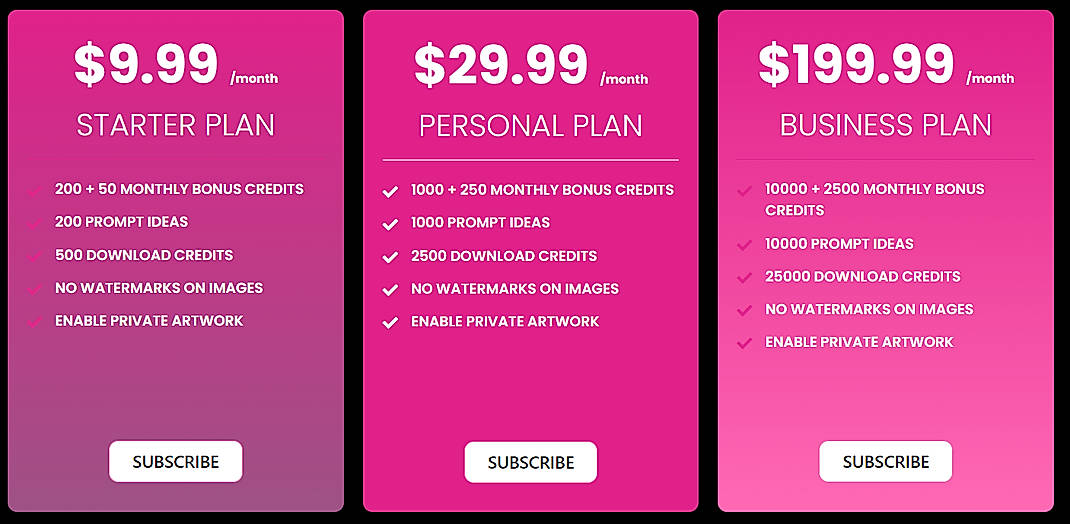 Pricing screenshot