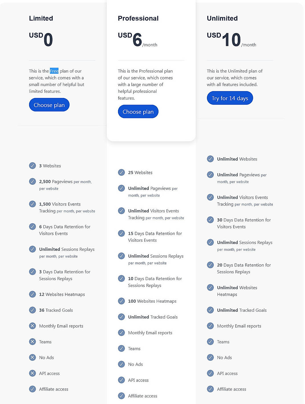 Pricing screenshot