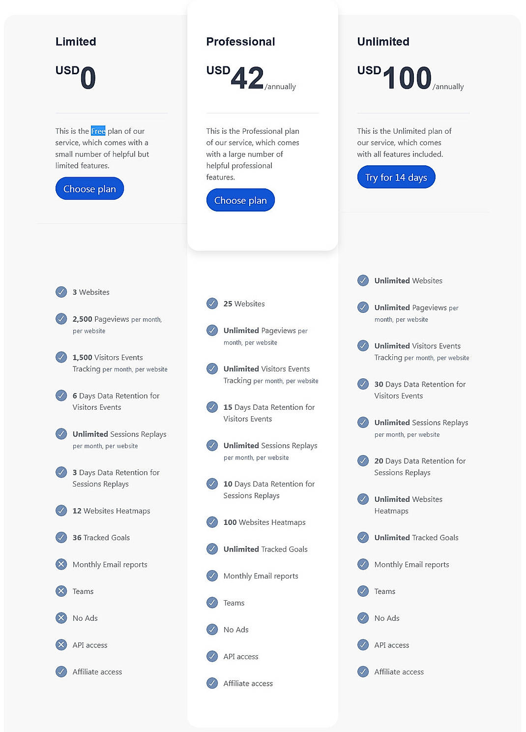 Pricing screenshot