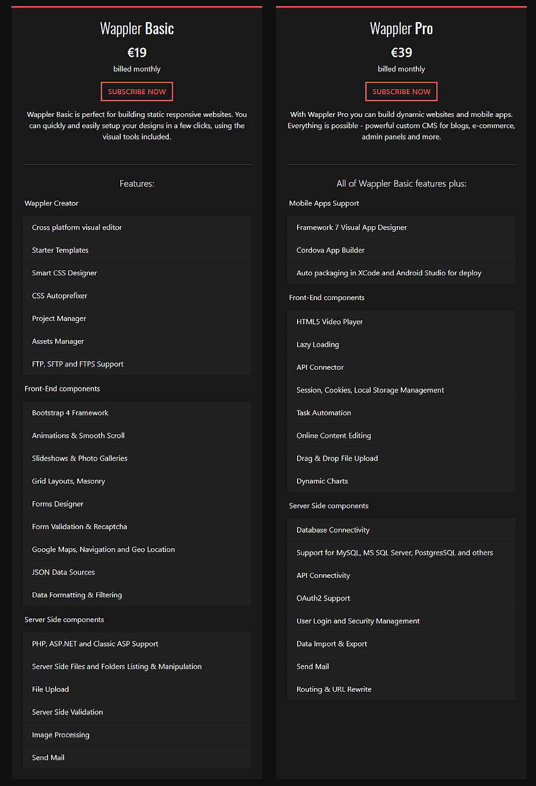 Pricing screenshot