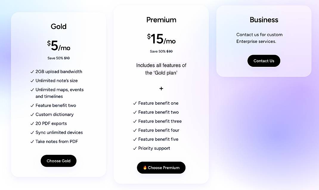 Pricing screenshot