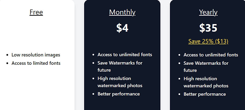 Pricing screenshot