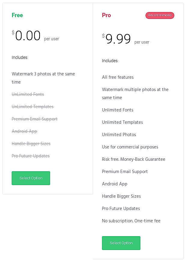Pricing screenshot