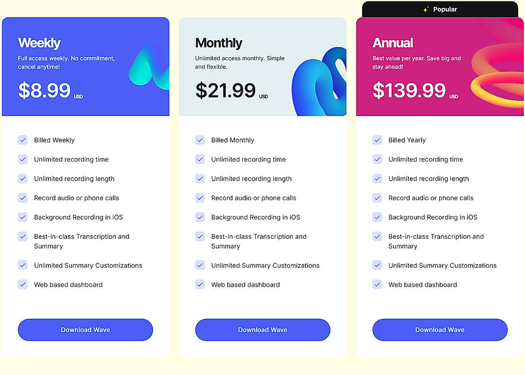 Pricing screenshot