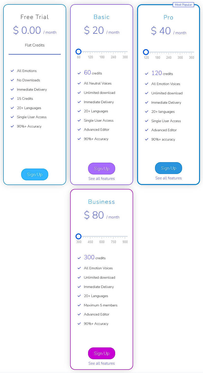 Pricing screenshot