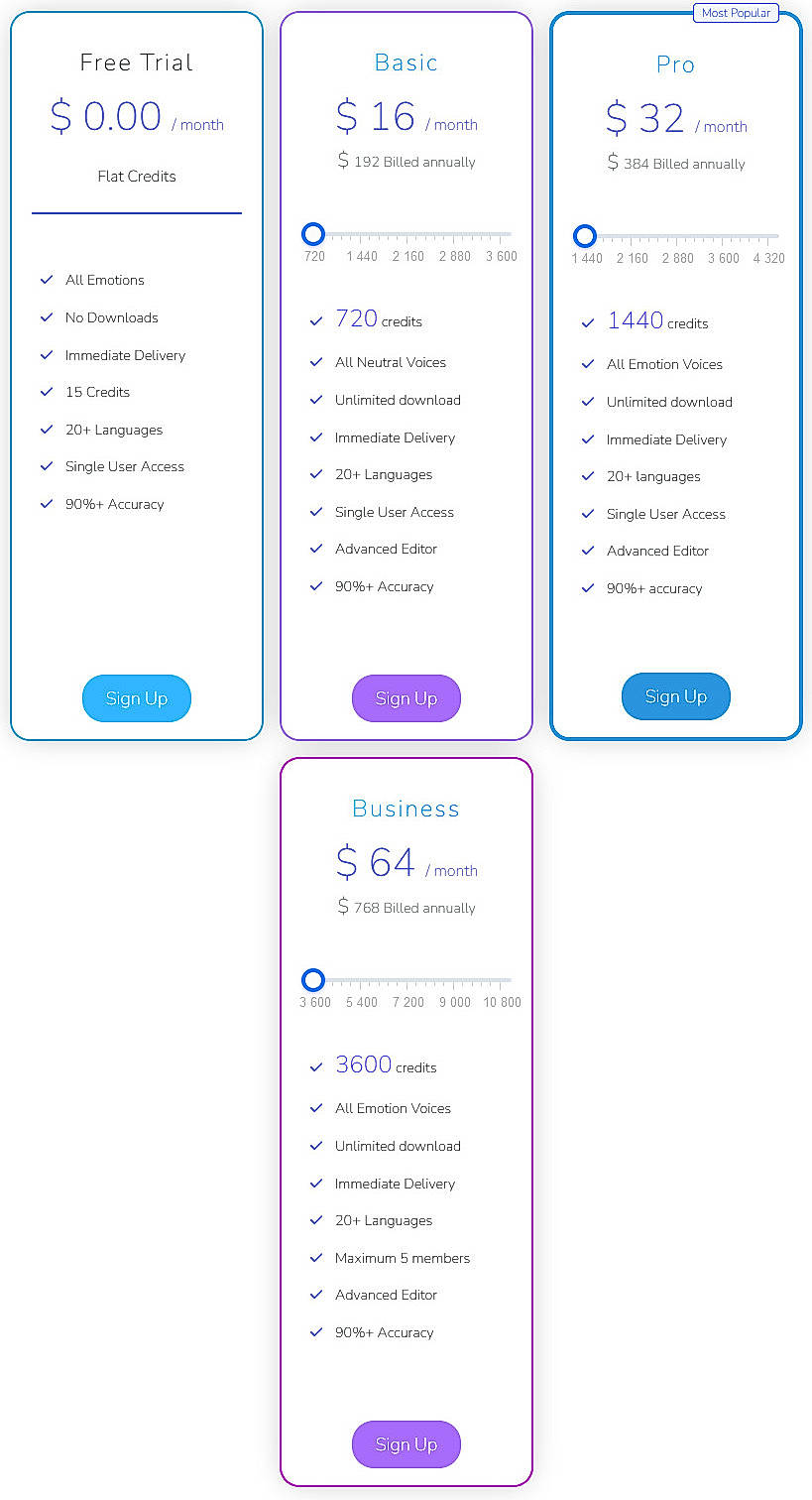 Pricing screenshot