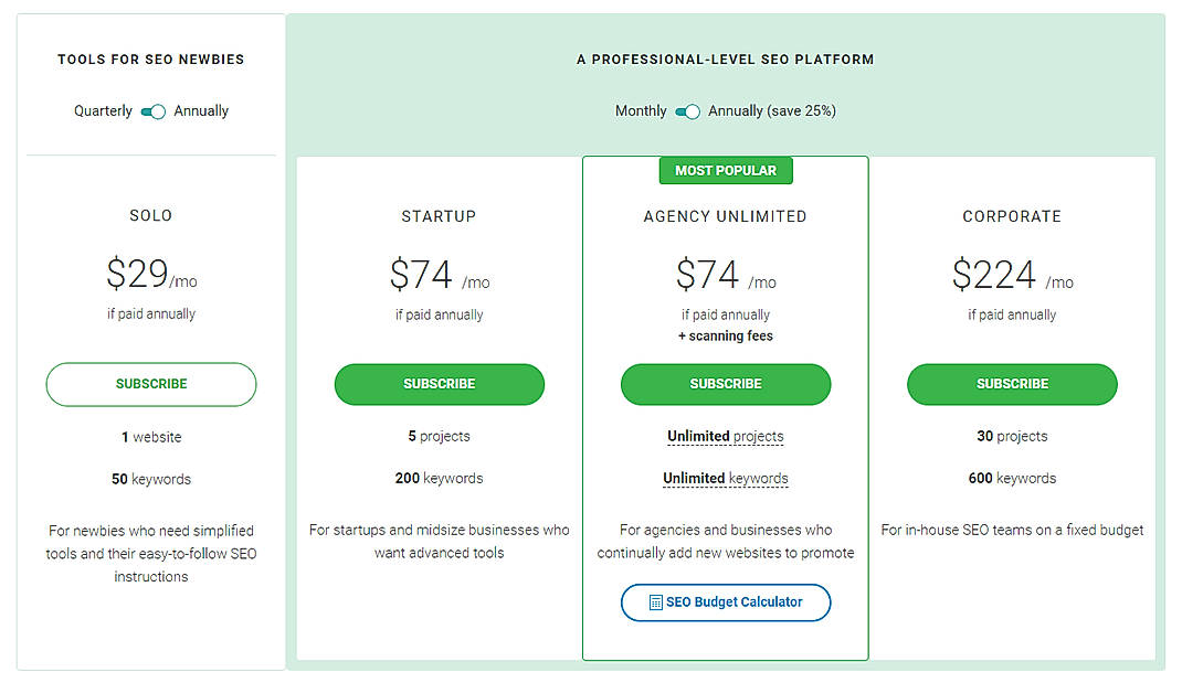 Pricing screenshot