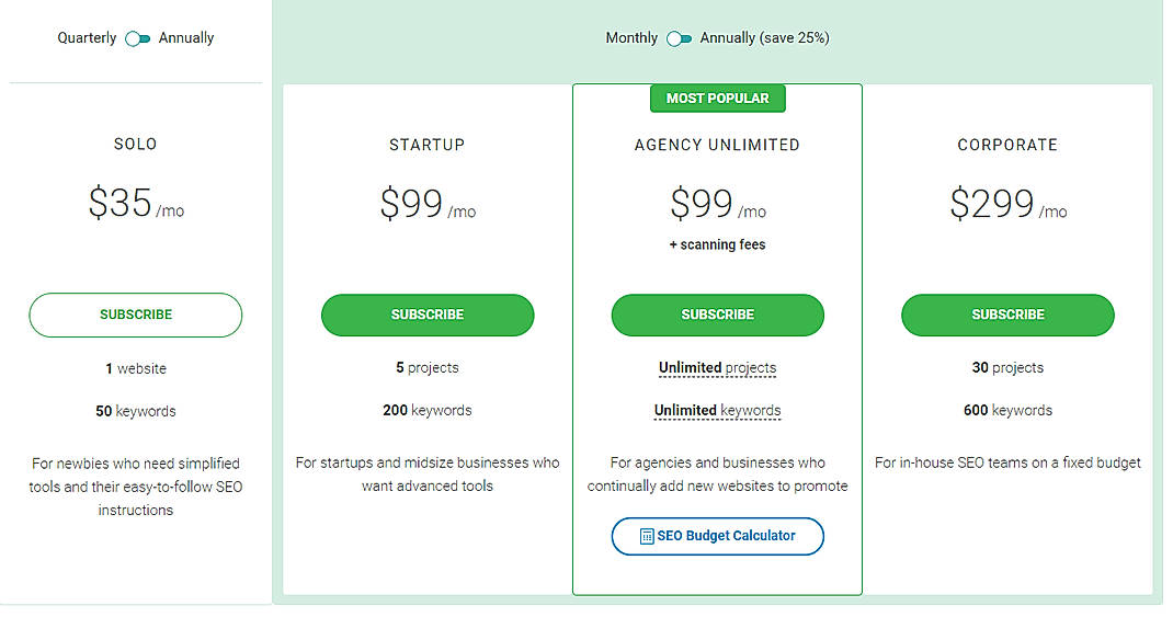Pricing screenshot