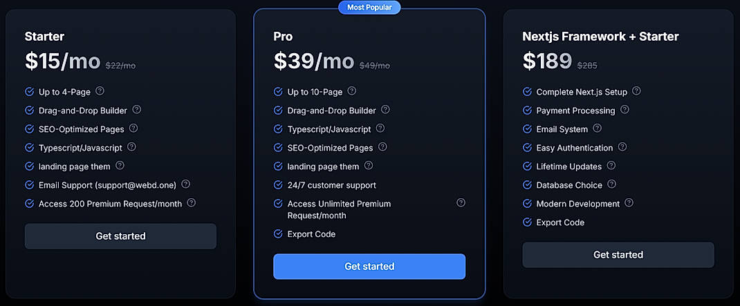 Pricing screenshot
