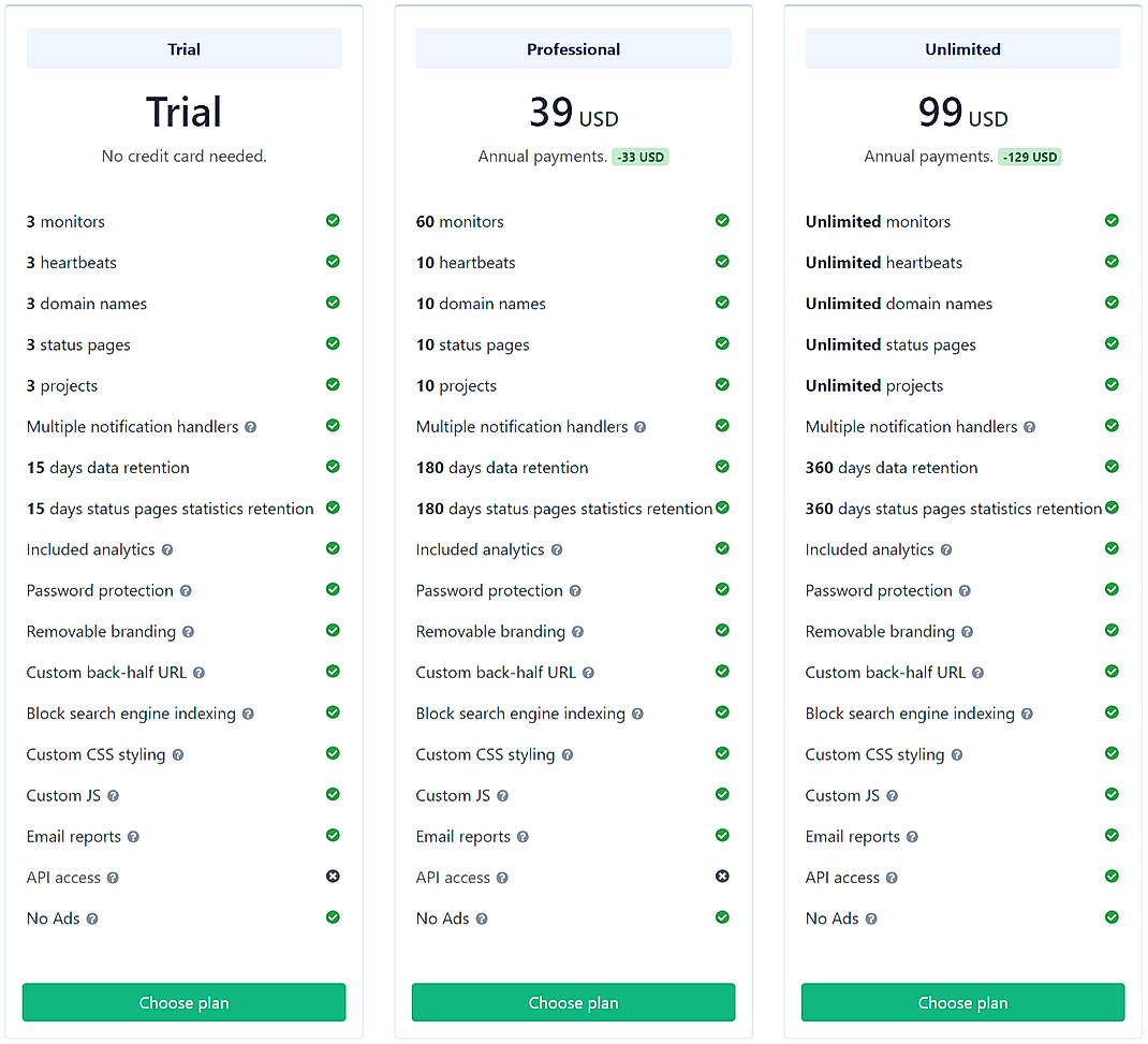 Pricing screenshot
