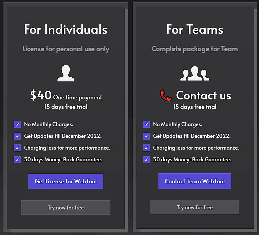 Pricing screenshot