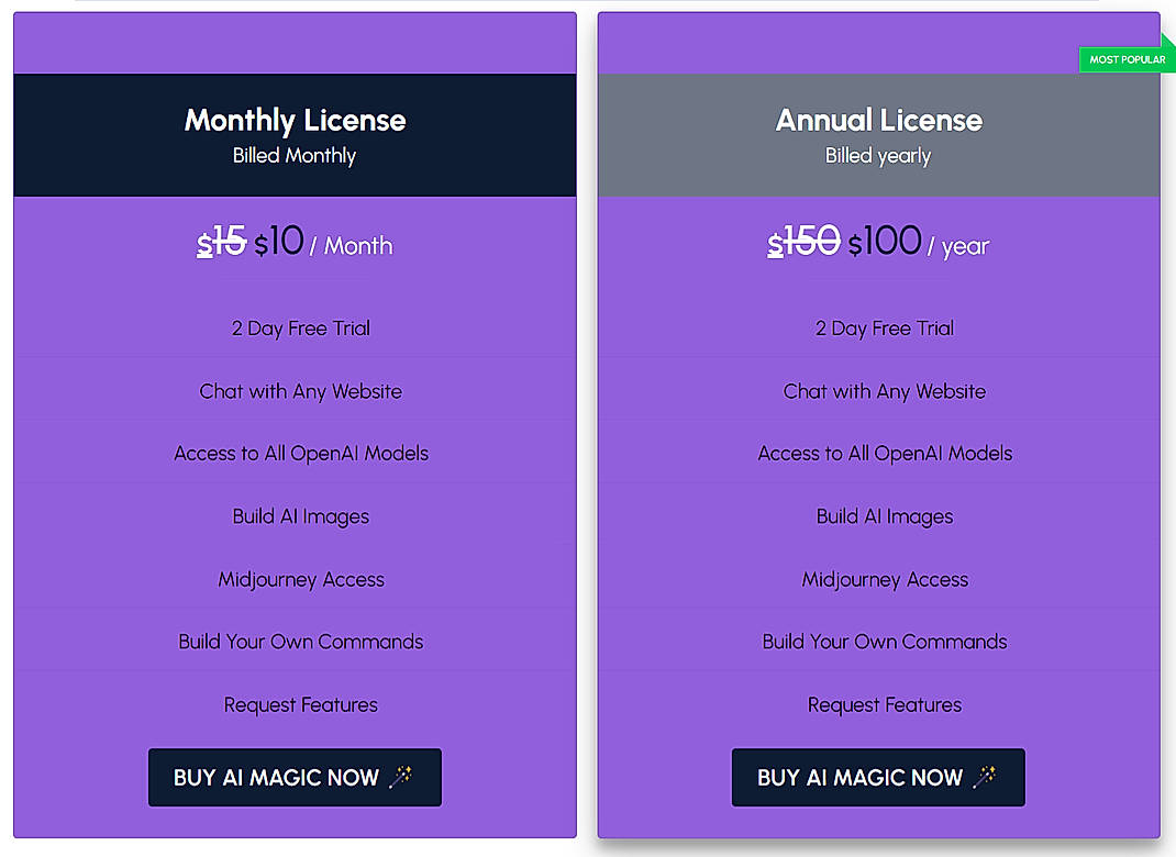 Pricing screenshot