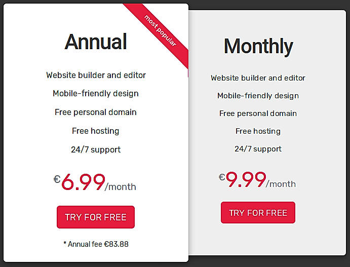Pricing screenshot