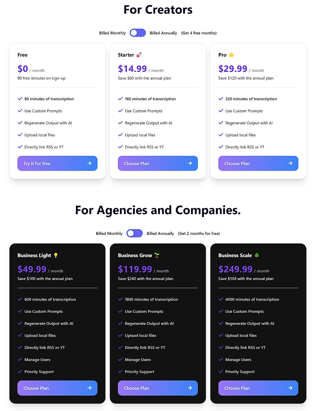 Pricing screenshot