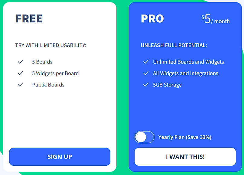 Pricing screenshot