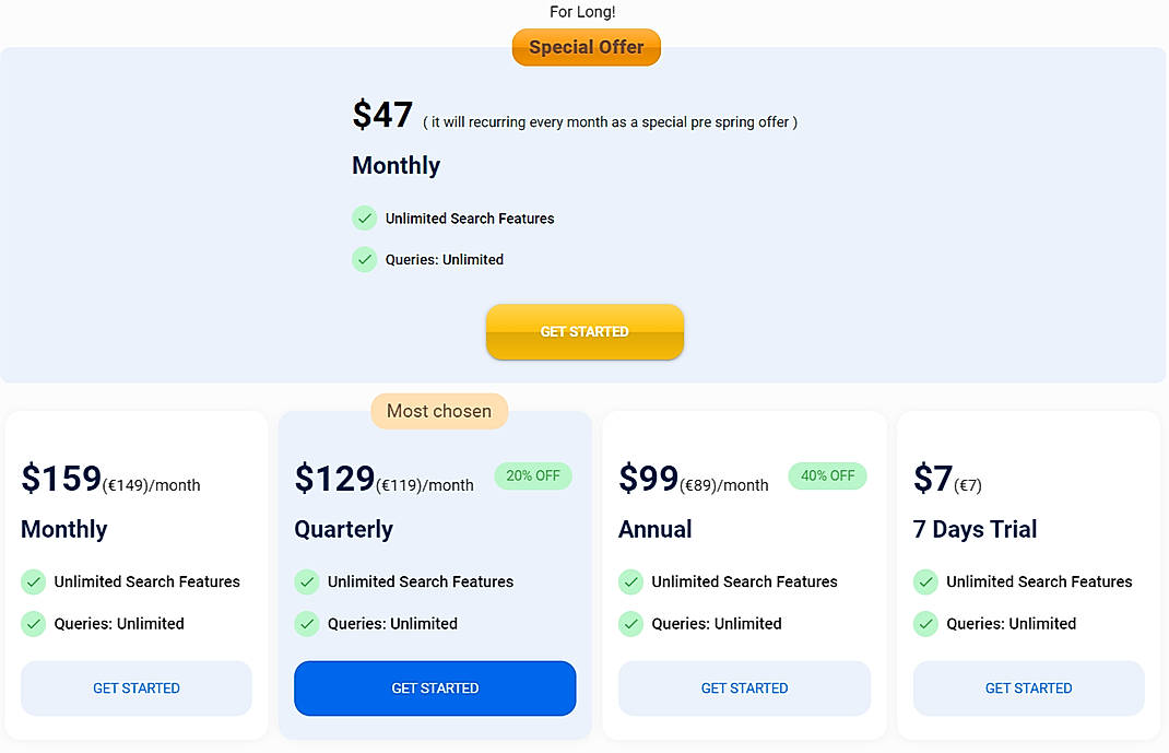 Pricing screenshot