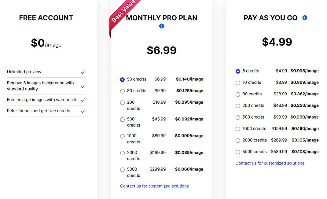 Pricing screenshot