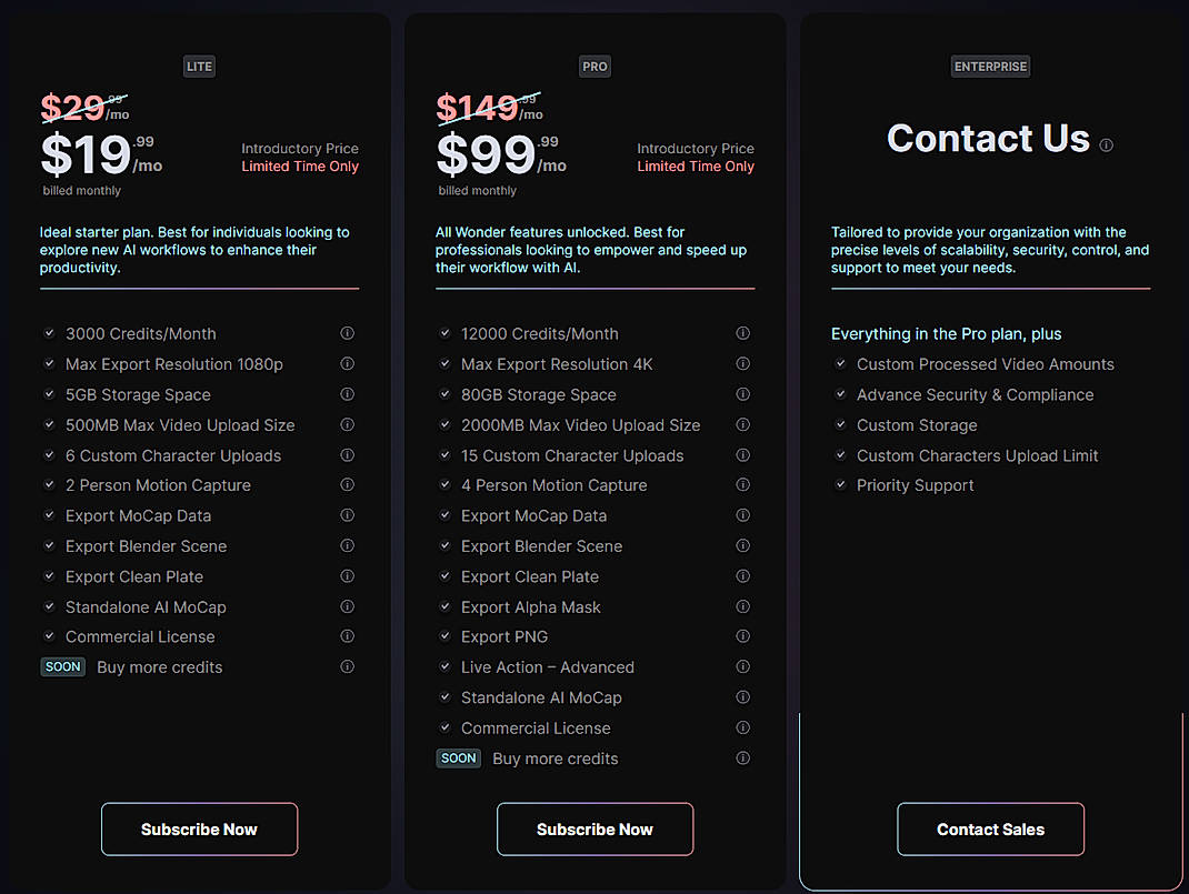 Pricing screenshot