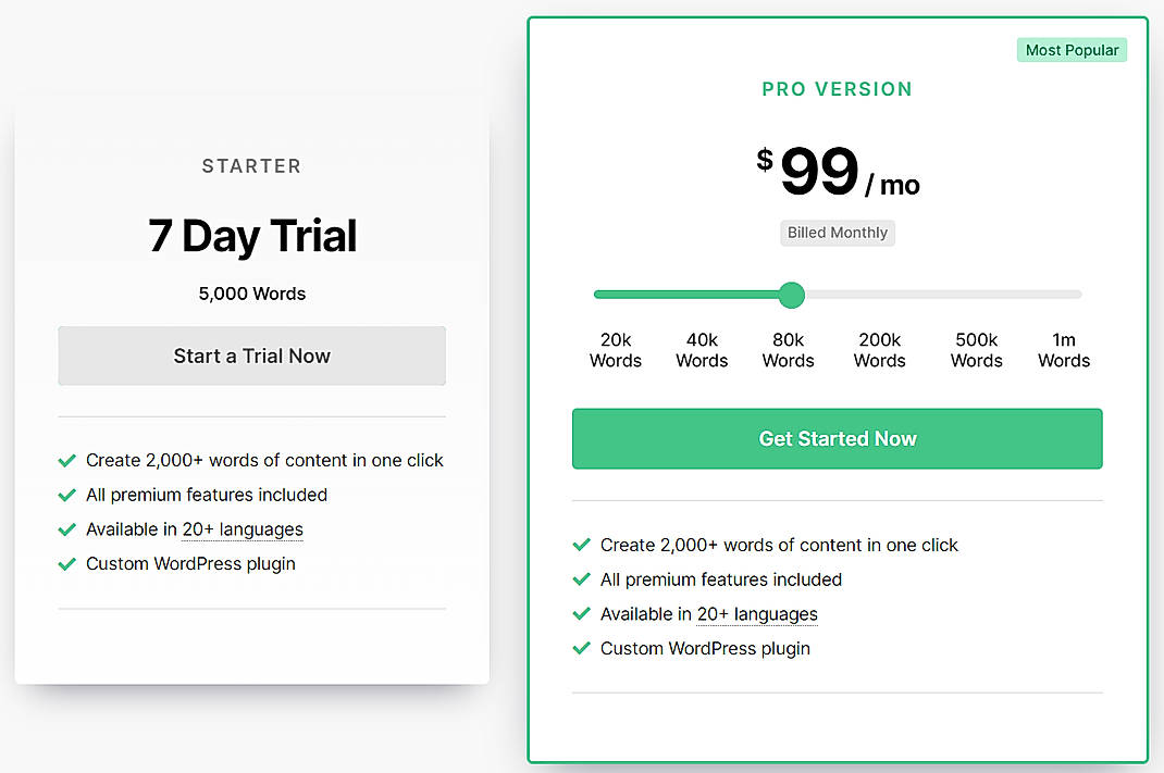 Pricing screenshot