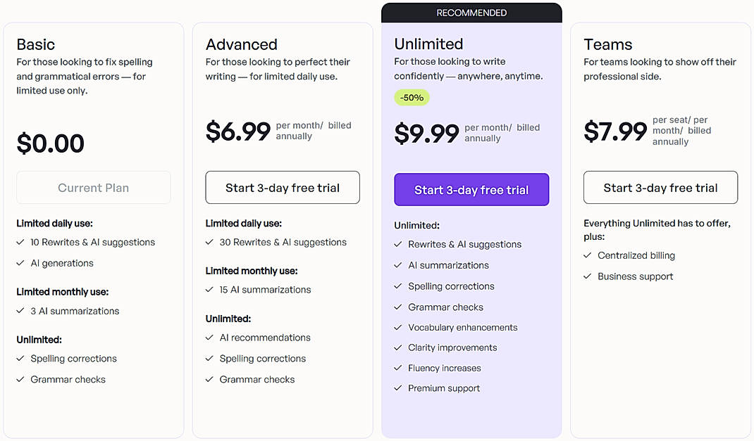 Pricing screenshot