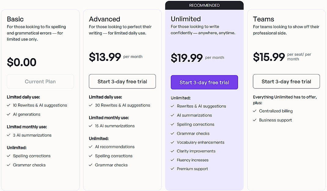 Pricing screenshot