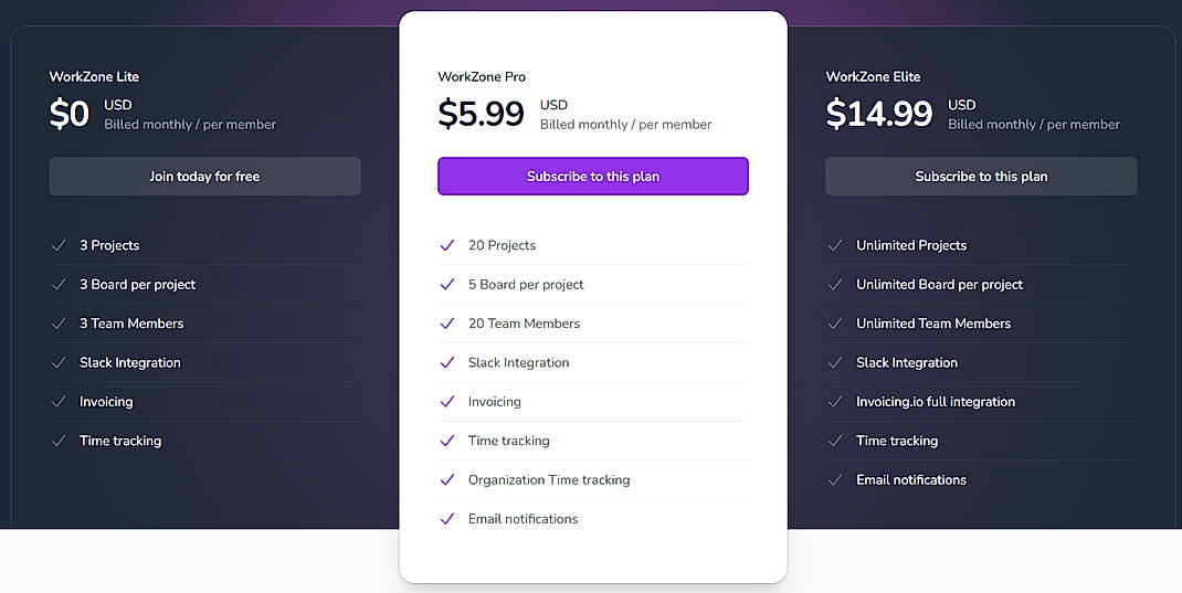 Pricing screenshot